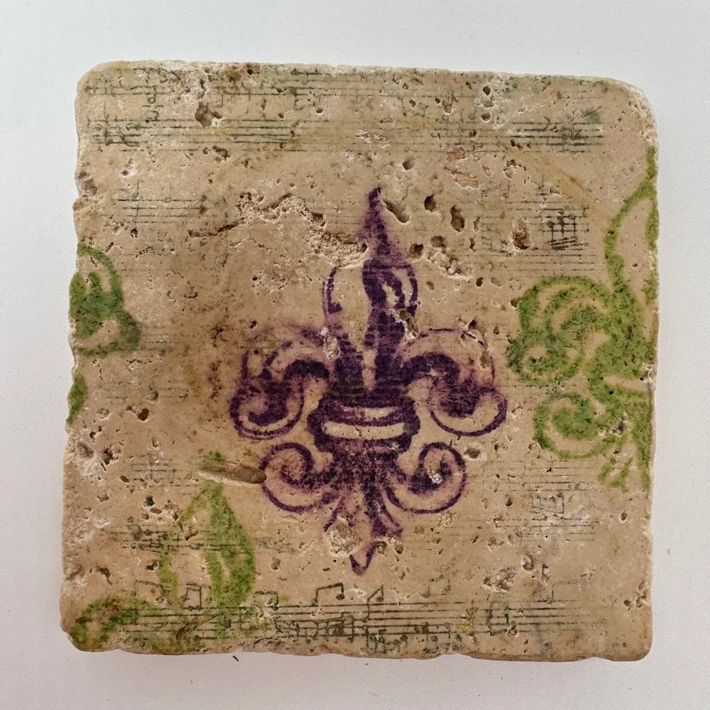 Set of 2 Fleur De‎ Lis Travertine Stone Drink Coasters Rustic New Orleans Decor